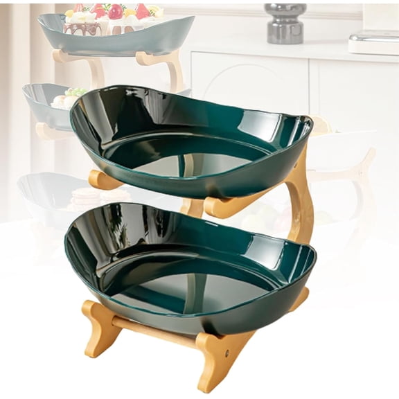 3-Tier Oval Fruit Basket with Stand, Bamboo and Ceramic 3 Tier Fruit Bowl, Vertical Space-Saving Organizer for Fruits, Vegetable, Snack, Cake, Dessert & Party (green 2layer)