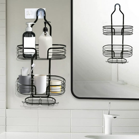 3-Tier Over The Shower Head Organizer | Hanging Shower Caddy with Soap Rack & Towel Hooks | Stainless Steel Bathroom Storage Shelf for Shampoo