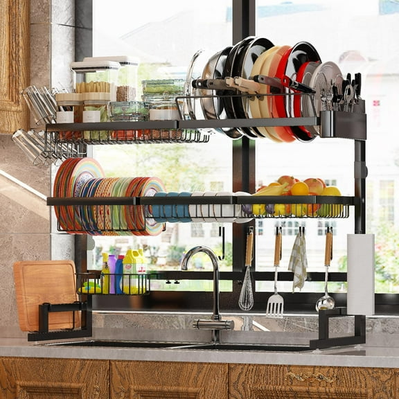 3-Tier Over The Sink Dish Drying Rack, Adjustable Length and Height, Heavy Duty Metal Kitchen Storage Organizer with Utensil Holder and Shelf