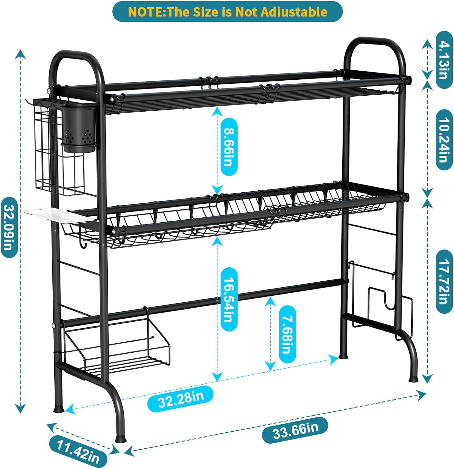 3-Tier Over The Sink Dish Drying Rack, Stainless Steel with Cutlery & Board Holder, Black