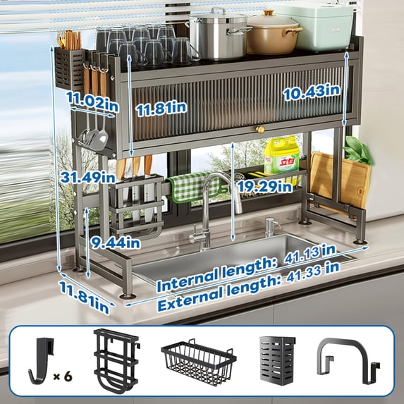 3-Tier Over The Sink Dish Rack, 37-41 Inch Adjustable, Black, Space ...