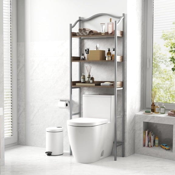 3-Tier Over-The-Toilet Rack, Freestanding Bathroom Space Saver W/ 3 Open Shelves & Sturdy Metal Frame, Mid- Storage Rack for Bathroom, Laundry Room, Easy Assembly (Silver)