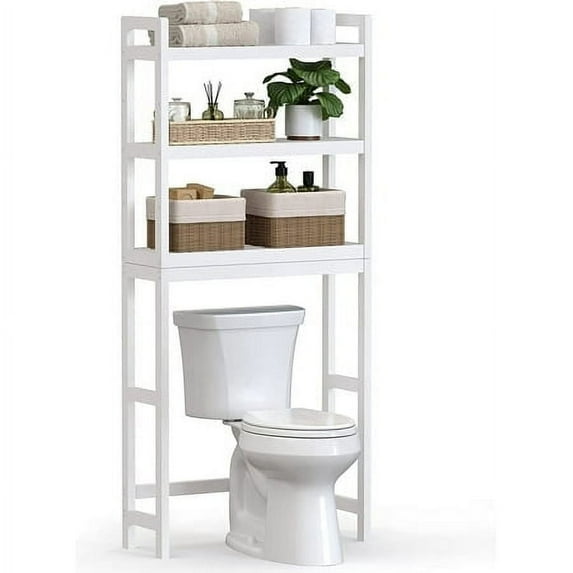 3-Tier Over The Toilet Storage Bamboo Over Toilet Shelf Bathroom Storage Organizer with Adjustable Shelf, White