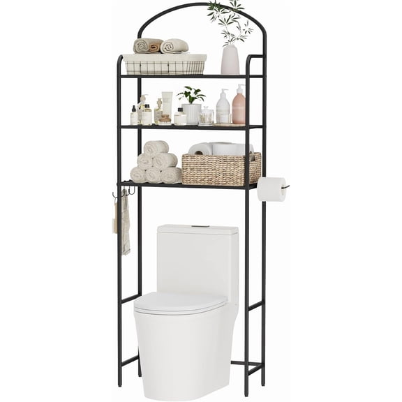 3-Tier Over The Toilet Storage, Bathroom Organizer, Space-Saving, Above Toilet Storage Rack with 4 Hooks and Paper Holder, Metal Shelf, Black