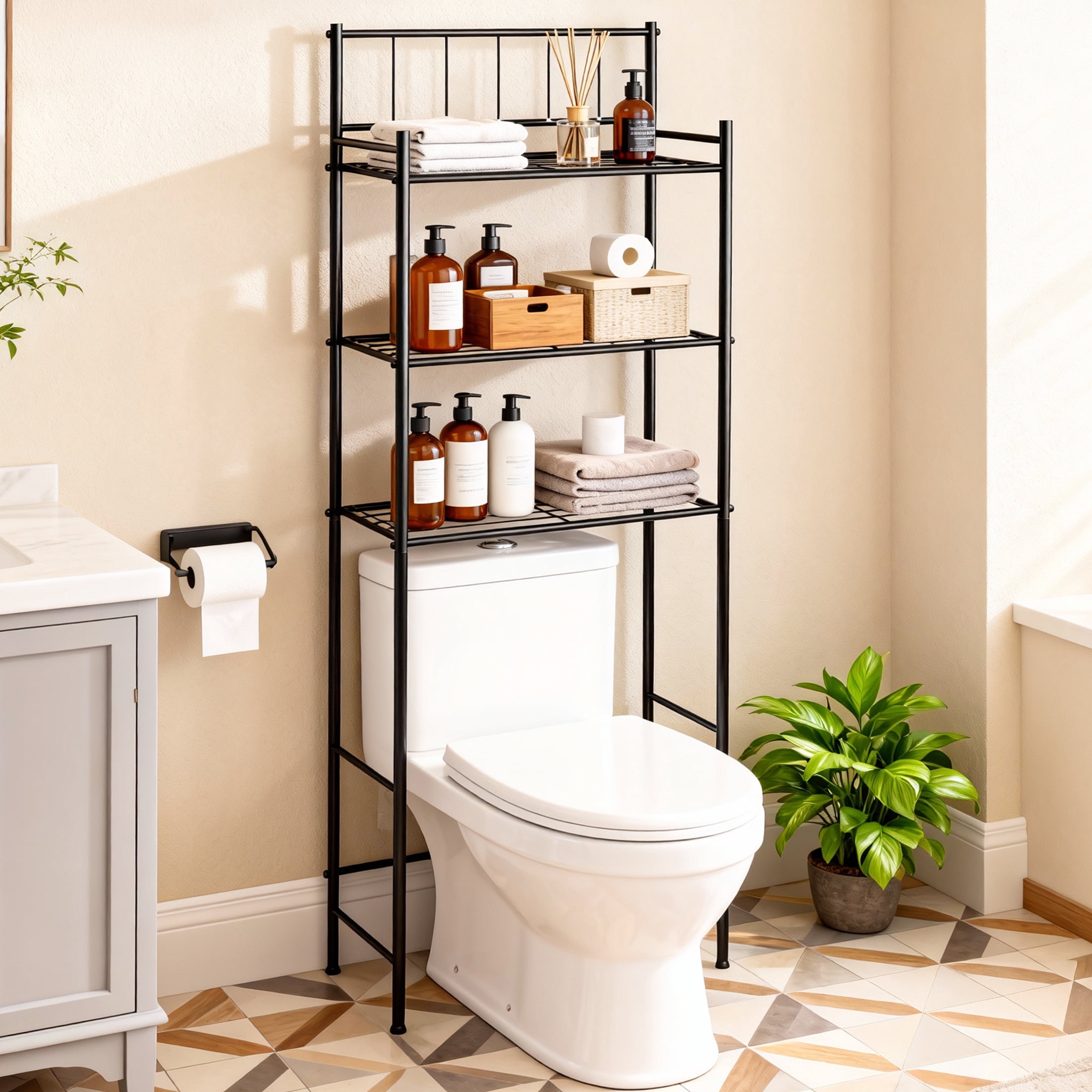 cisilov Over the Toilet Storage, 3-Tier Over Toilet Storage Rack for Bathroom, Metal Bathroom Organizer Shelves Over Toilet, Black