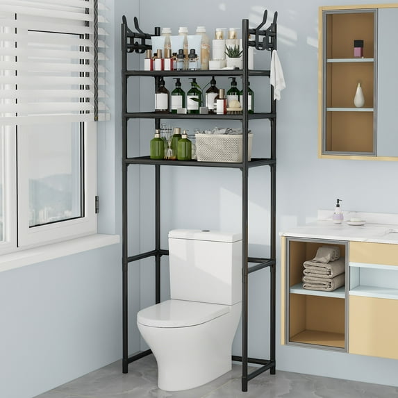 3-Tier Over The Toilet Storage Rack, Freestanding Bathroom Shelves Organizer with Hooks, Space Saver Metal Shelf for Small Bathroom, Black