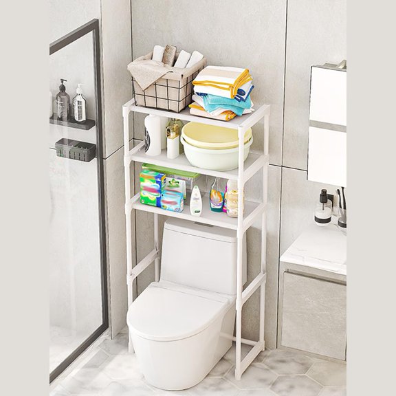 3-Tier Over The Toilet Storage Rack, Freestanding Iron Frame Waterproof Bathroom Shelf, Space Saver for Laundry & Kitchen, White