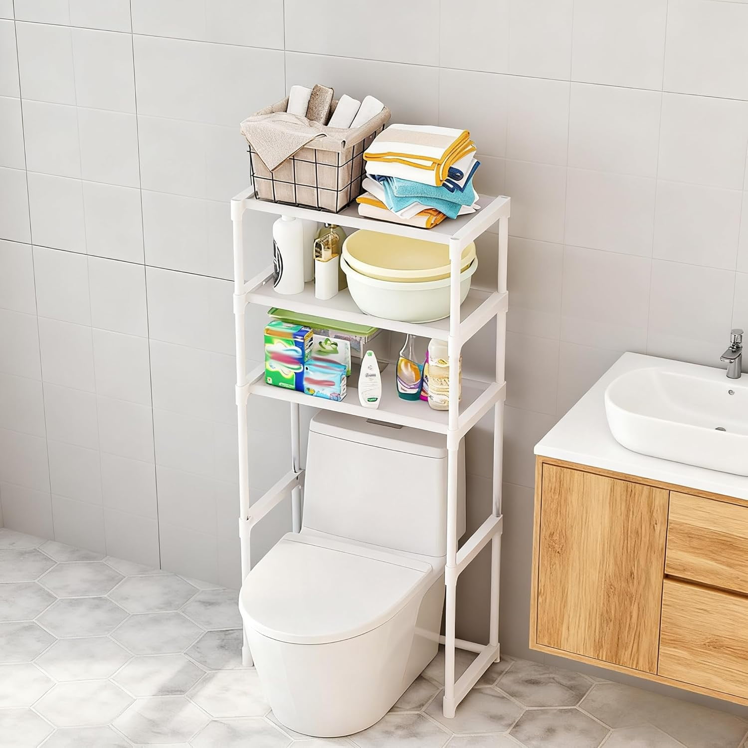 3-Tier Over-The-Toilet Storage Rack - Freestanding Metal Bathroom Shelves w/No-Drill Anti-Tip Kit, Space-Saving Organizer for Bathroom, Laundry, Balcony