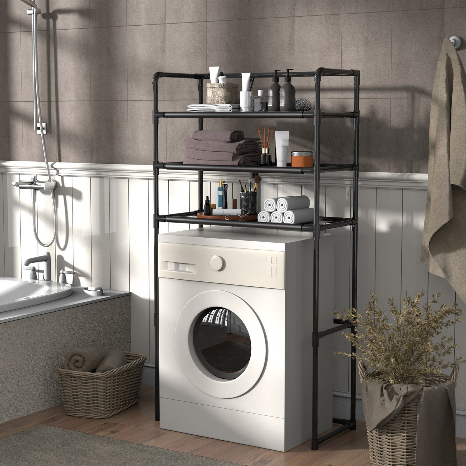 3-Tier Over-The-Toilet Storage Rack with Hooks, Stainless Steel ...