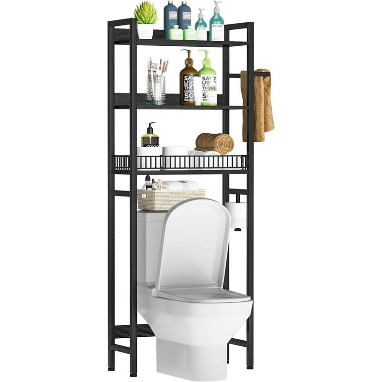 Lorbro 2-Tier Over Toilet Bathroom Shelf Organizer with Wooden Bottom Plate  & Adhesive Base for Paper Towels, Shampoos - Black