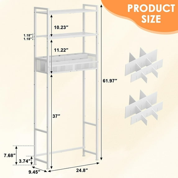3-Tier Over The Toilet Storage Shelf, Metal Bathroom Organizer with Dividers, Freestanding Space Saver Rack