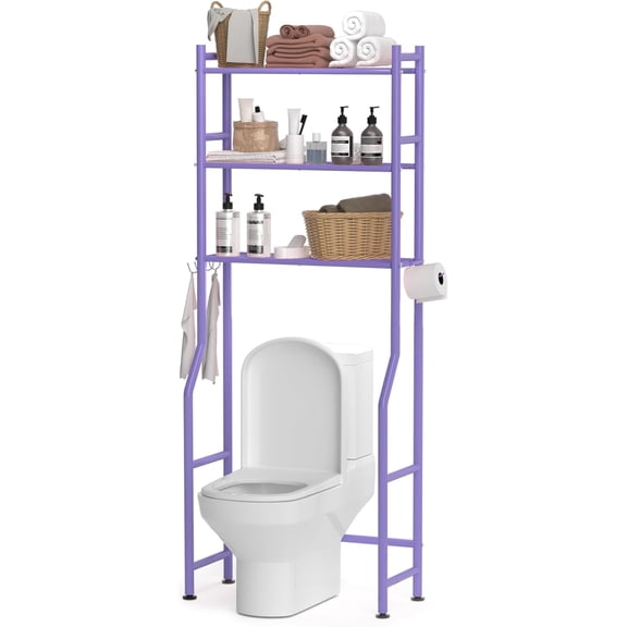 3-Tier Over The Toilet Storage, Space Saver Metal Bathroom Shelves, Freestanding Above Over Toilet Storage Shelf with 4 Hooks for Bathroom, Purple