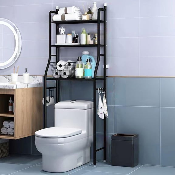 3-Tier Over Toilet Storage Rack, Metal 3 Tier Bathroom Organizer Shelf with Paper Holder and Hooks, Freestanding Shelf Space Saver Above Toilet