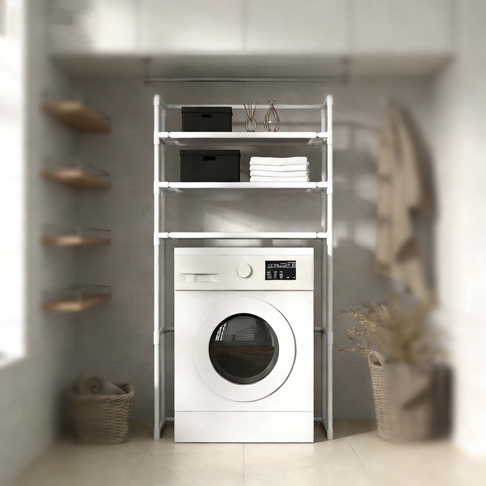 3-Tier Over Washer Storage Shelf, Over Washer and Dryer Organizer,Easy Install Washing Machine Storage Rack for Laundry Room