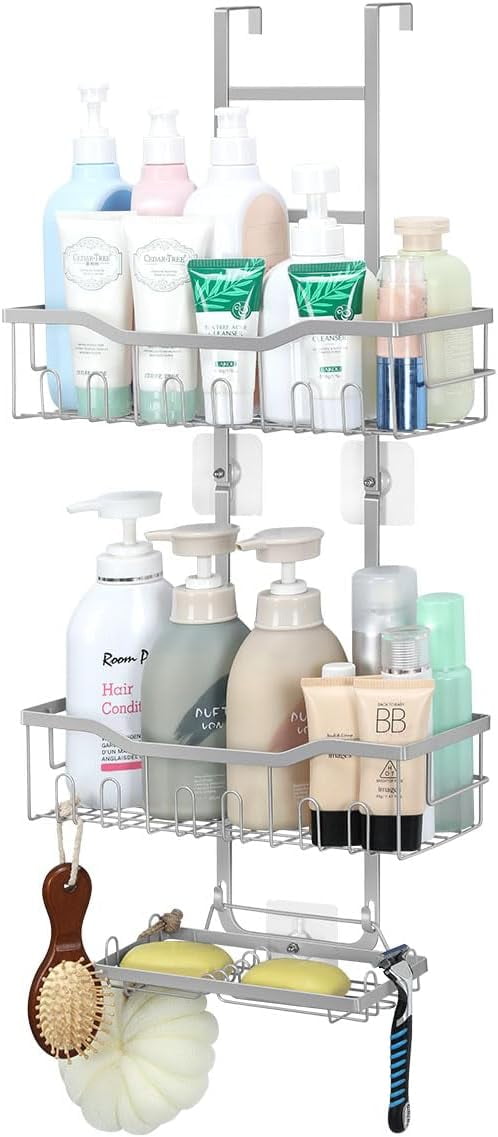 3 Tier Over the Door Hanging Shower Caddy with Soap Holder and Hooks Silver Walmart