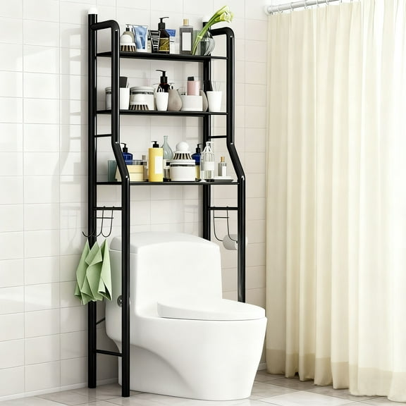 3-Tier Over the Toilet Rack Freestanding Metal Bathroom Space Saver Organizer Multi-functional Bathroom Storage Shelves, Black