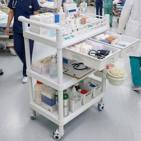 3 Tier PP Heavy Duty Medical Rolling Cart, 110 lbs Load Utility Trolley with Tool-Free Assembly, 2 Drawers Mobile Cart for Hospital Ward