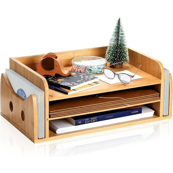 3-Tier Paper Letter Tray, Wood Letter File Folder Holder with 3 Trays and 2 Vertical Section, Cute Cat-Shaped Paper Tray for Home Office School