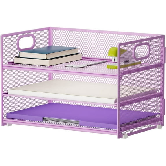 3 Tier Paper Organizer Letter Tray, Mesh File Organizer with Handle, Paper Sorter Desk Organizer for Home Office Supplies(Purple)