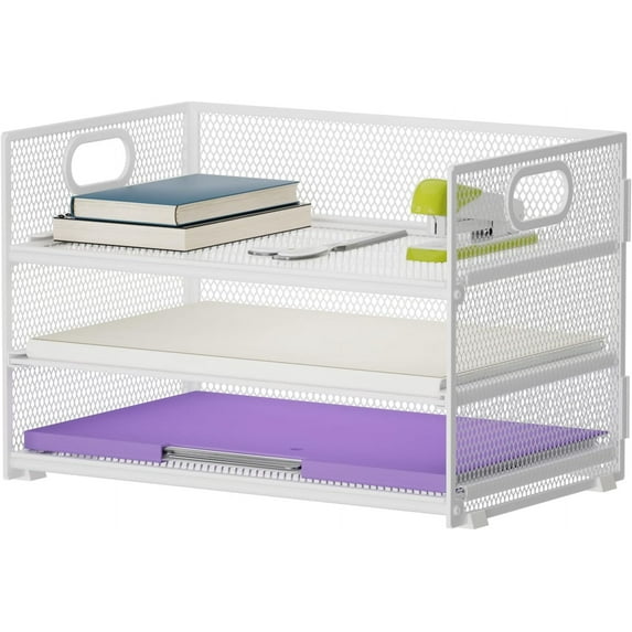 3 Tier Paper Organizer Letter Tray, Mesh File Organizer with Handle, Paper Sorter Desk Organizer for Home Office Supplies(White)
