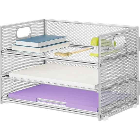 3 Tier Paper Organizer Letter Tray, Mesh File Organizer with Handle, Paper Sorter Desk Organizer for Home Office Supplies - Silver