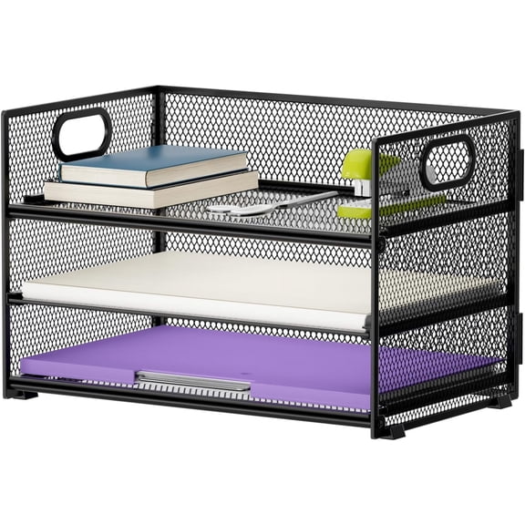 3 Tier Paper Organizer Letter Tray, Mesh File Organizer with Handle, Paper Sorter Desk Organizer for Home Office Supplies