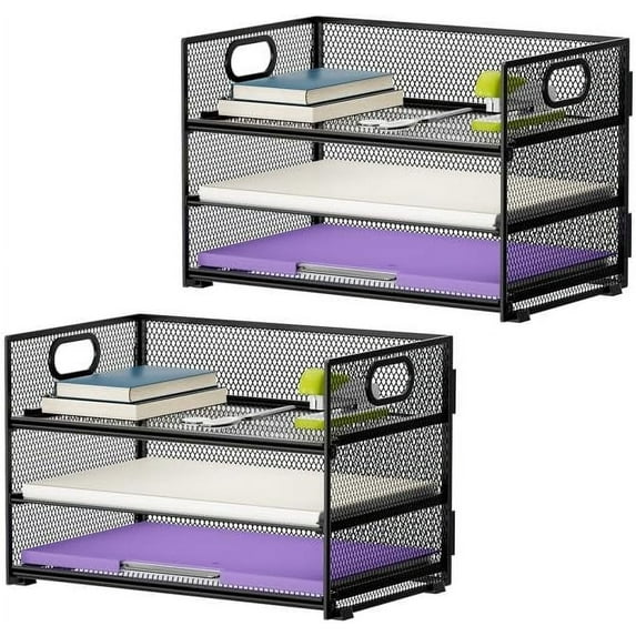 3 Tier Paper Organizer Letter Tray, Mesh File Organizer with Handle, Paper Sorter Desk Organizer for Home Office Supplies
