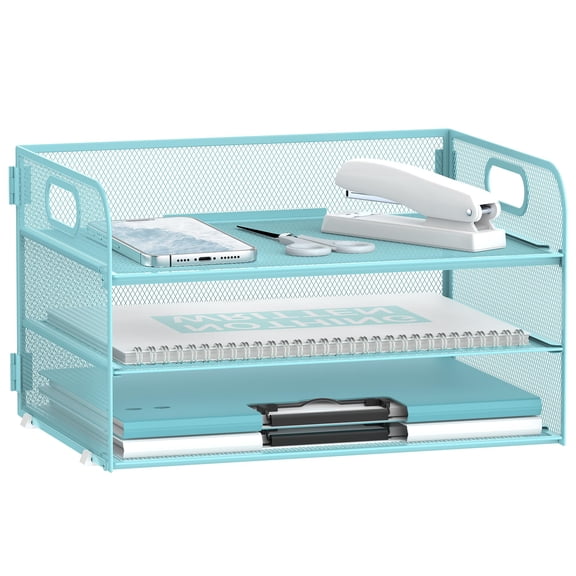 3 Tier Paper Organizer With Handle Mesh Metal Desk Sliding Trays For Letter/a4 Mail Bills & Folders Blue