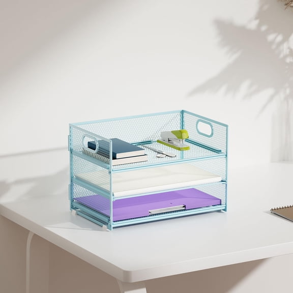 3-Tier Paper Sorter, Mesh Desk Organizer with Handle