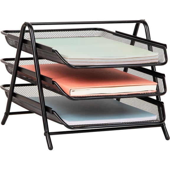 3-Tier Paper Tray, Desktop Organizer, File Storage, Workspace, Office, Metal Mesh, 11.75"L x 13.75"W x 10"H, Black