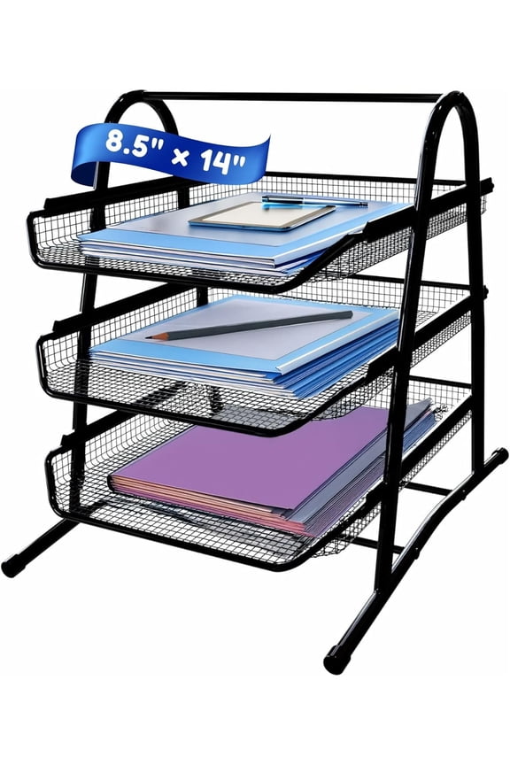 3-Tier Stackable Paper Tray Organizer for Desk - Black Metal File Rack for Legal-Size Paper (14"x8.5"), Document Holder & Desktop Storage for Office, Home, or School Organization