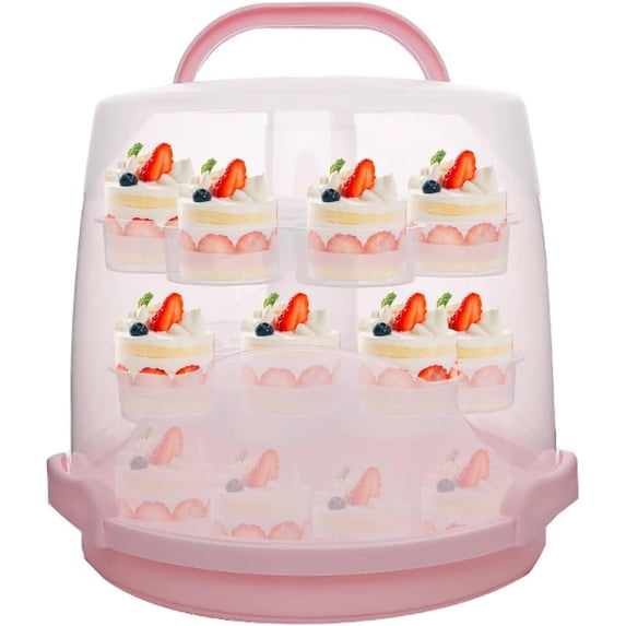 3-Tier Party Cupcake Carrier, Cupcake Holder with Lid and Handle for Transport Storage 24 Cupcakes (Pink)