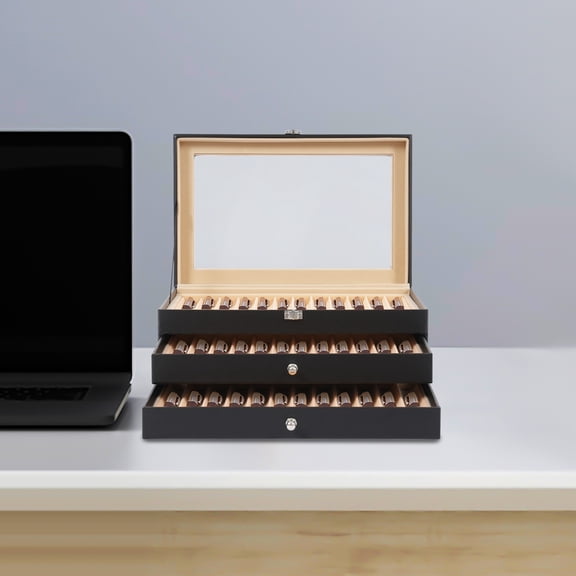 3-Tier Pen Collector, 36 Pen Display Box, Pen Organizer with Drawers Clear Glass