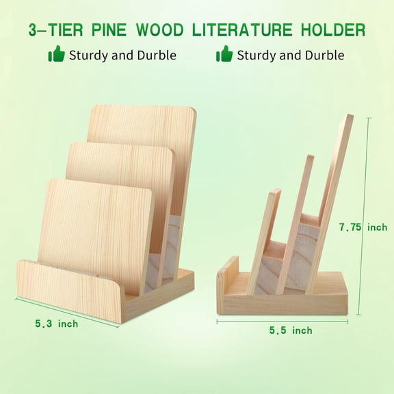 3-Tier Pine Wood Brochure Holder 6x9 Inch 2 Pack Display Stand for Flyers Booklets Menus