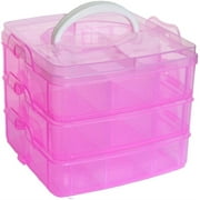 3-Tier Pink Craft Storage Container Box, Casewin Stackable Organizer Box with Dividers for Art Supplies, Fuse Beads, Washi Tapes, Beads, Hair Accessories, Nail,
