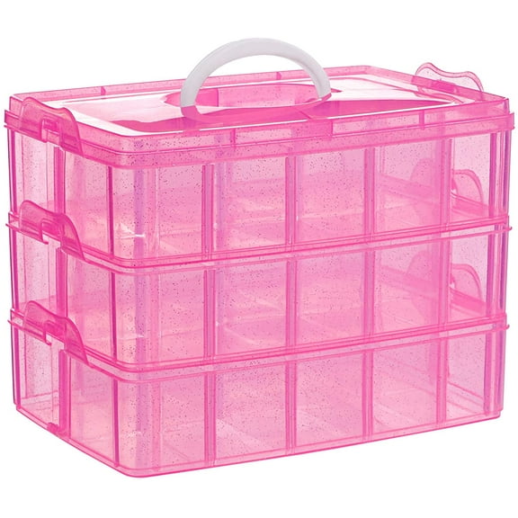 3-Tier Pink Craft Storage Container, Stackable Organizer Box with Dividers for Art Supplies, Beads, Washi Tapes, Seed, Hair Accessories, Nail, 9.5X6.5X7.2in