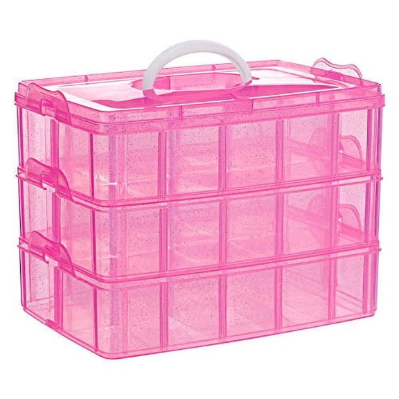 3-Tier Pink Craft Storage Container,Stackable Organizer Box with Dividers for Art Supplies,Beads,Washi Tapes,Seed,Hair Accessories,Nail,9.5X6.5X7.2in