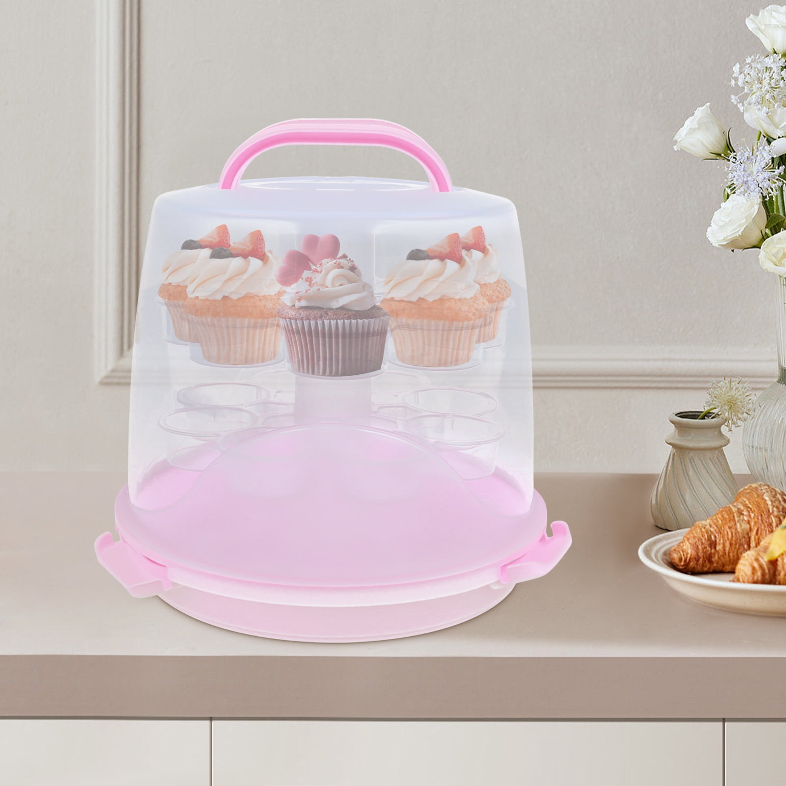 3 Tier Pink Cupcake Holder and Cake Storage Carrier Box Container Snap ...