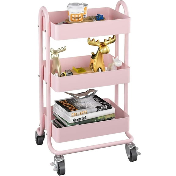 3-Tier Pink Utility Rolling Cart,Kitchen Storage Carts with Wheels,Pink Metal Rolling Cart for Office,Home,Kitchen,Garden（13.4"x18.1"x31"） Pink