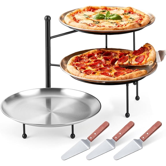 3-Tier Pizza Stand for Party, Black Metal Pizza Rack with Tiered Tray Stand & 3 Pizzas Pan & 3 Wood Handle Serving Spatulas, Space-Saving Display Pizza Rack for Buffet, Catering, Party (10.2 H)