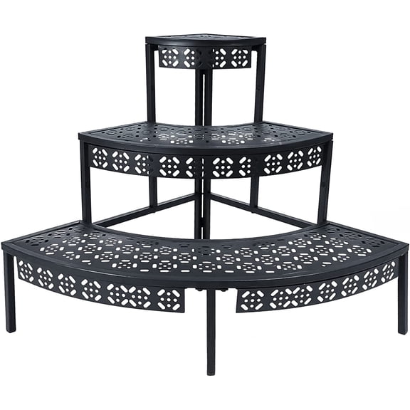 3 Tier Plant Stand Flower Pot Rack, Metal Stair-Step Style Corner Shelf Planters, Quarter Round Display Holder for Indoor Outdoor Use(Black, Semicircle)