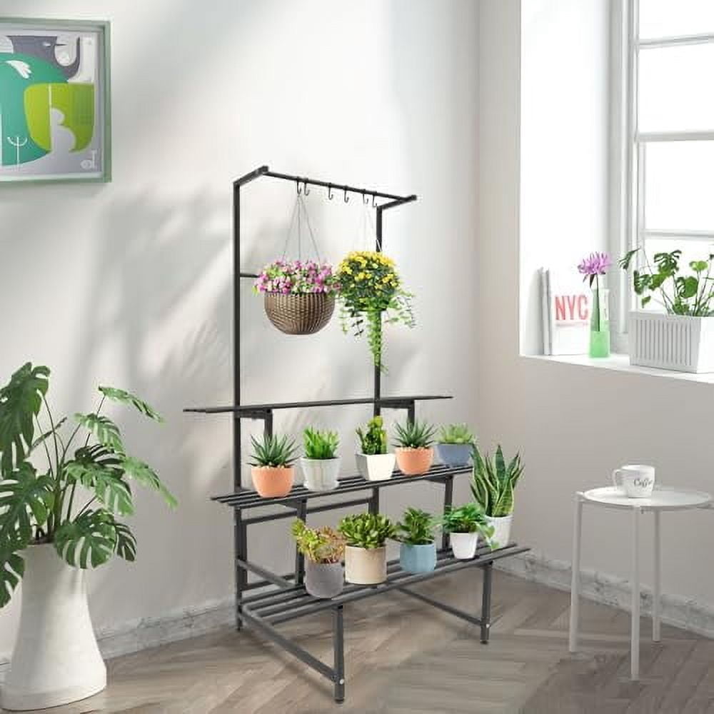 3 Tier Plant Stand with Hanging Bar, 61 Inch Tall Indoor/Outdoor Plant ...