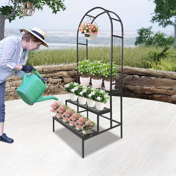 3 Tier Plant Stand Indoor Outdoor, Heavy Duty Wrought Iron Flower Pot Holder Display Shelf, Hanging Garden Arch Ladder Rack for Patio Living Room Balcony