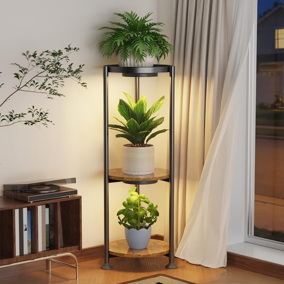 3 Tier Plant Stand Indoor with Grow Light, 30 Inch Tall Vertical Corner Metal Flower Heavy Duty Pot Holder Shelf, Modern Black & Rustic Brown - Round