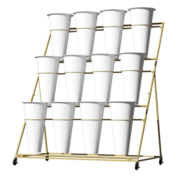 3 Tier Plant Stand with 12 Buckets, Mobile Flower Display Stand with Lockable Casters, Gold Flower Stand for Wedding Event Florist