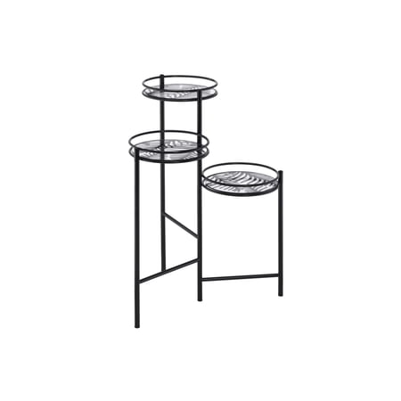 3 Tier Plant Stand with Round Glass Shelves and Foldable Design, Black