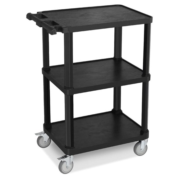 3-Tier Plastic Flat Utility Cart, Rolling Service Cart on Wheels with Braker, Multi-Function Handle and Large Capacity Storage, Perfect for Warehouse Garage Office, Black