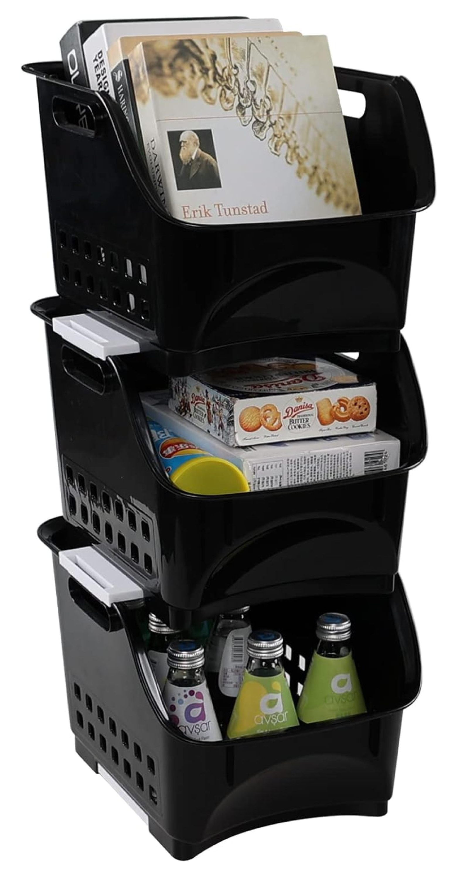 3 Tier Plastic Kitchen Stacking Shelf Basket, Open Front Stacking ...