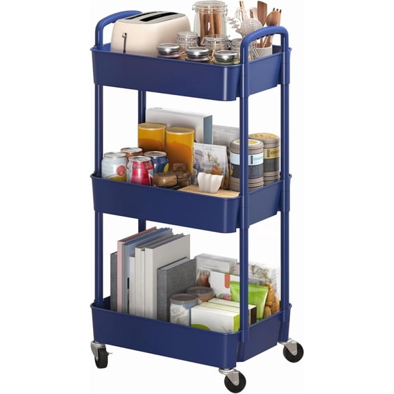 3-Tier Plastic Rolling Utility Cart with Handle, Multi-Functional Storage Trolley for Office, Living Room, Kitchen, Movable Storage Organizer with Wheels, White
