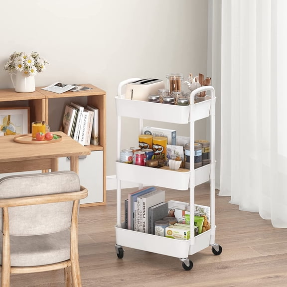 3-Tier Plastic Rolling Utility Cart with Handle, Multi-Functional Storage Trolley for Office, Living Room, Kitchen, Movable Storage Organizer with Wheels, White